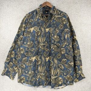 VTG Silk Society 100% Silk Abstract Button‎ Shirt Mens L Botanical Casual Hawaii